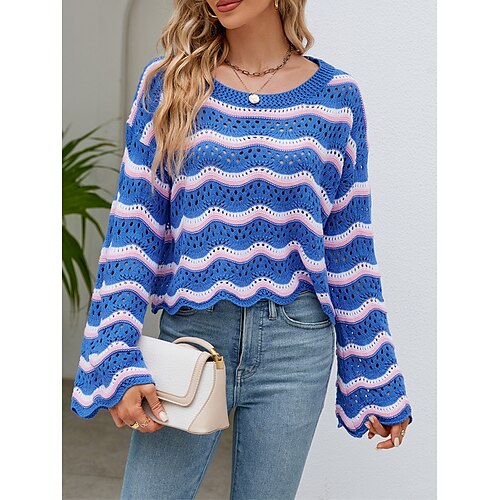 

Damen Pullover Strickwaren Gerippt Stricken Loch Gestreift Rundhalsausschnitt Stilvoll Brautkleider schlicht Outdoor Täglich Sommer Frühling Schwarz Weiß Gelb S