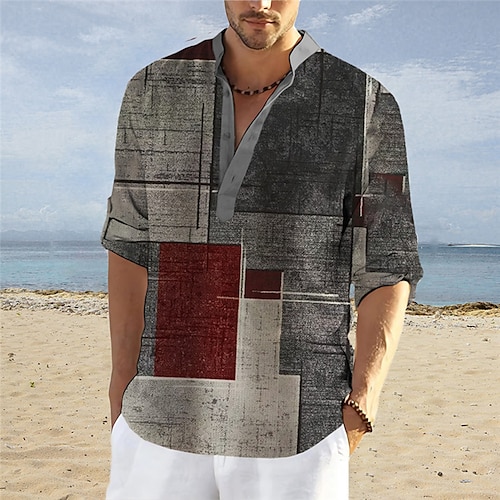 

Homme Chemise Chemise Lin Tartan Imprimés Photos Géométrie Mao Vin Violet Vert Gris Extérieur Plein Air manche longue Imprimer Vêtement Tenue Lin Mode Vêtement de rue Design Décontractées