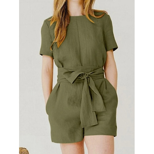 

Combishort Femme Lacet Poche Couleur unie Col Ras du Cou Vacances Plein Air du quotidien Ample Manche Courte Jaune S Eté