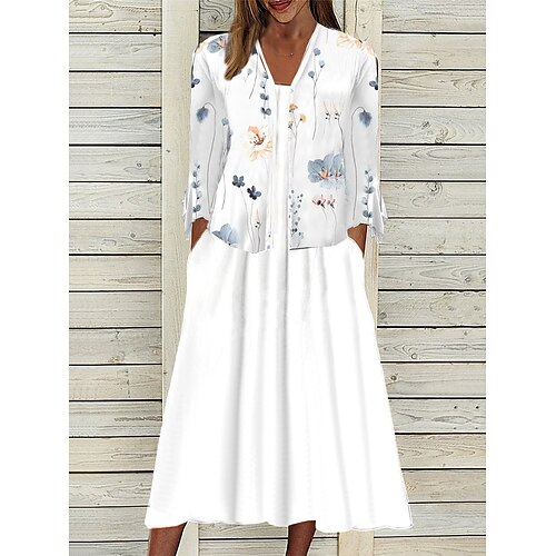 

Mulheres Conjunto de vestido de duas peças Vestido casual Vestido estampado Ao ar livre Diário Moda Moderno Bolsos Imprimir Vestido midi Decote Quadrado Manga 3/4 Floral Normal Branco Verão Primavera