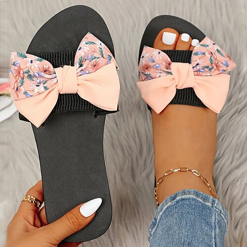 

Mulheres Sandálias Chinelos Sandálias de dedo Sapatos Confortáveis Tamanhos Grandes Diário Praia Caminhada Verão Laço Sem Salto Dedo Aberto Estilo bonito Casual Conforto Cetim Mocassim Floral Preto