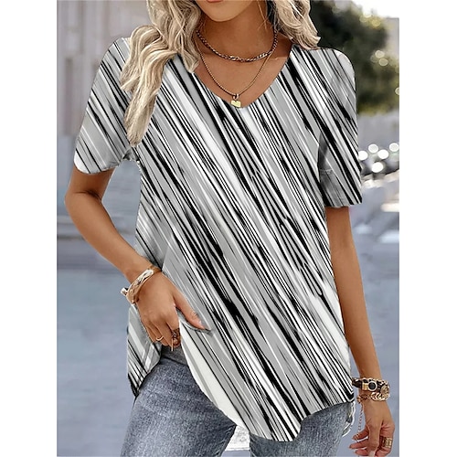 

Women's T shirt Tee Black White Gray Striped Graffiti Print Short Sleeve Casual Basic V Neck Regular S