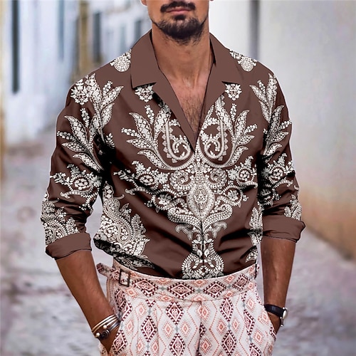 

Men's Shirt Floral Striped Graphic Prints Vintage Totem Turndown Blue Brown Green Gray Outdoor Street Long Sleeve Print Clothing Apparel Fashion Designer Casual Breathable