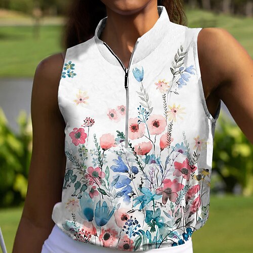 

Femme T-shirt POLO Chemise de golf Respirable Séchage rapide Evacuation de l'humidité Sans Manches Vêtements de golf Top Standard Zippé Col Montant Floral Eté Tennis Le golf Pickleball