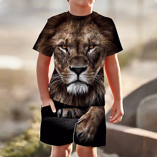 

2 Pieces Kids Boys T-shirt Shorts T-shirtSet Clothing Set Outfit Graphic Animal Lion Short Sleeve Crewneck Set Outdoor 3D prints Active Sports Fashion Summer Spring 3-13 Years Brown