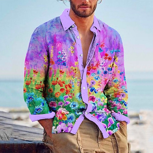 

Homme Chemise Chemise Lin Floral Imprimés Photos Col rabattu Rose Claire Violet Extérieur Plein Air manche longue Imprimer Vêtement Tenue Lin Mode Vêtement de rue Design Décontractées