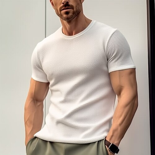 

Men's T shirt Tee Waffle Shirt Tee Top Plain Crew Neck Street Vacation Short Sleeves Clothing Apparel Fashion Designer Basic