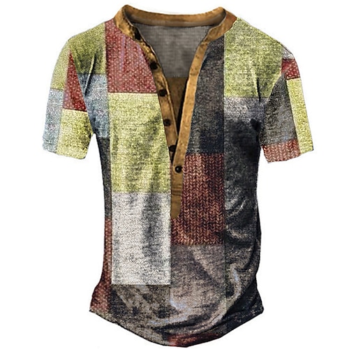 

Men's T shirt Tee Henley Shirt Plaid / Check Graphic Prints Henley Clothing Apparel 3D Print Outdoor Daily Short Sleeve Button Print Designer Casual Comfortable