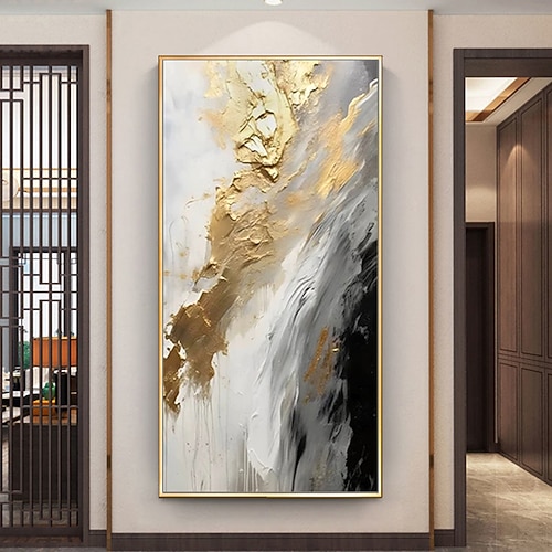 KADING Stampa su Tela Dipinto ad Olio Stampato su Lamina d'Oro Dipinto di Fiori Bianchi Dorati Dipinto di Fiori Astratti Quadri su Parete Grandi Quadri su Tela 75x150cm (30x59in) Cornice Interna
