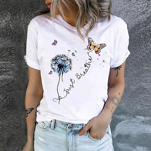 

T shirt Tee Femme Noir Blanche Rose Claire Papillon Lettre Imprimer Manche Courte Vacances Fin de semaine basique Col Rond Normal Standard Fleur Papillon Peinture S