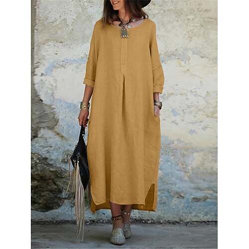 

Robe chemise Robe casual Femme Robe longue maxi Mélange de Coton basique Classique Extérieur du quotidien Col Ras du Cou Poche Fendu Manches 3/4 Eté Printemps Automne 2023 Ample Jaune bleu marine Gris