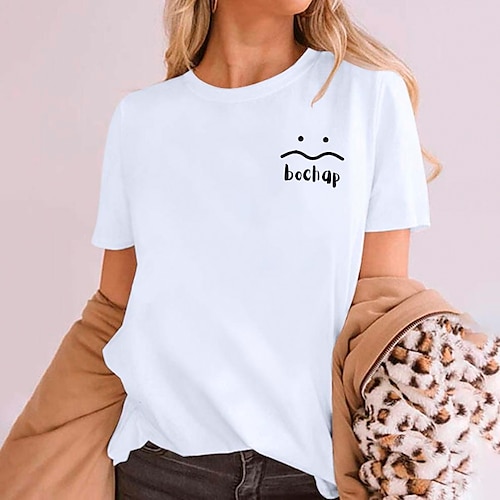 

T shirt Tee Femme Noir Blanche Rose Claire Lettre Imprimer Manche Courte du quotidien Fin de semaine basique Col Rond Normal Coton Standard Peinture S