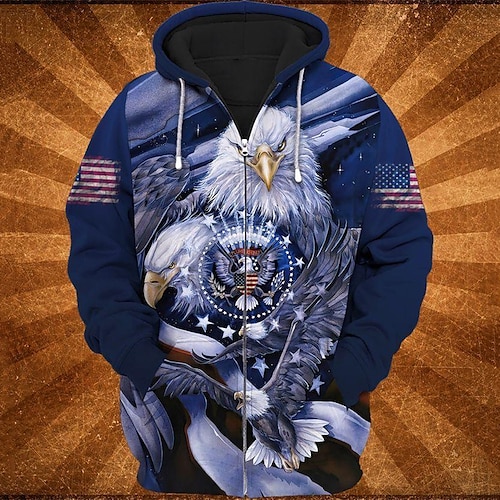 

Homme Sweat à capuche zippé Veste Bleu Capuche Imprimés Photos Aigle Drapeau National Zippé Imprimer Sport Loisir du quotidien Des sports 3D effet Vêtement de rue Design Décontractées Printemps