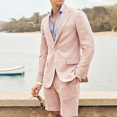 

Pink Men's Linen Suits Summer Beach Wedding Suits 2 Piece Solid Colored Tailored Fit Single Breasted Two-buttons 2023