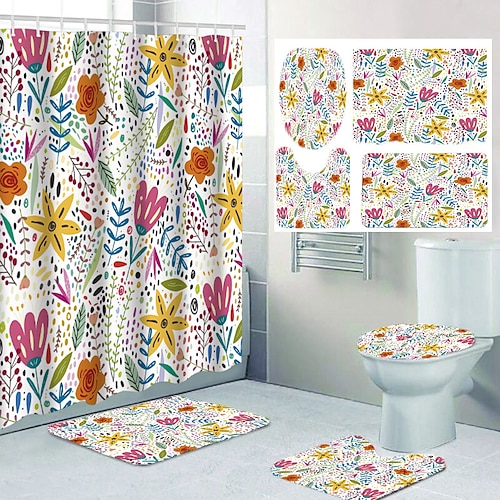 4pcs/set Flower Pattern Shower Curtain & Bath Mat, Modern