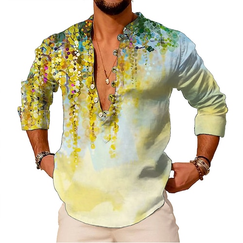 

Homens Camisa Social camisa de linho Listrado Estampas Abstratas Vintage Colarinho Chinês Amarelo Verde Ao ar livre Rua Manga Longa Imprimir Roupa Linho Moda Roupa de rua Designer Casual