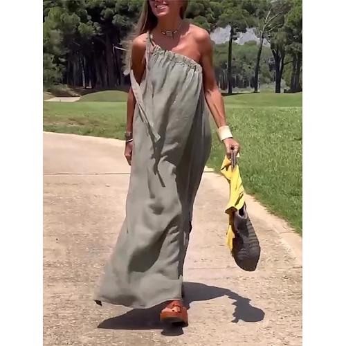 

Mulheres Vestido casual Vestido de linho de algodão Vestido Swing Vestido maxi longo Misto de Algodão Moda Básico Ao ar livre Diário Férias Com Alças Finas Frente Única Sem Manga Verão Primavera 2023