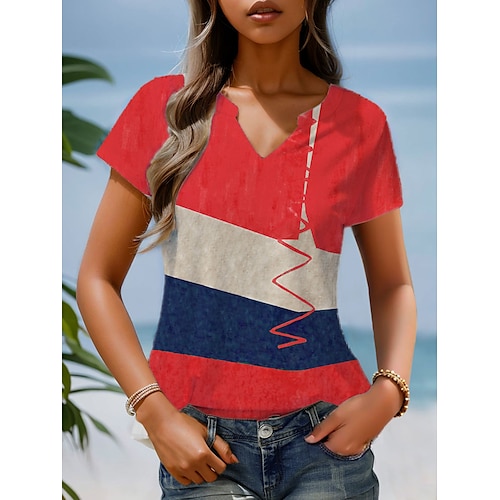 

Women's T shirt Tee Yellow Red Blue Color Block Print Short Sleeve Daily Weekend Basic V Neck Regular Painting S