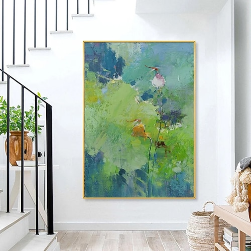 

Handmade Oil Painting Canvas Wall Art Decoration Modern Abstract Abstract Lotus Green Texture for Porch Home Decor Rolled Frameless Unstretched Painting