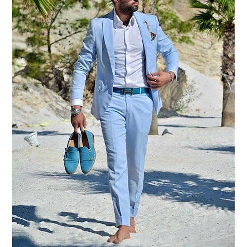 

Costumes de lin pour hommes bleu ciel costumes de mariage de plage d'été 2 pièces couleur unie coupe ajustée simple boutonnage un bouton 2023