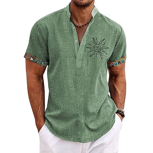 

Homme Chemise Chemise Lin Soleil Imprimés Photos Rétro Vintage Mao Bleu vert Bleu Vert Kaki Gris Extérieur Plein Air Manche Courte Imprimer Vêtement Tenue Lin Mode Vêtement de rue Design Décontractées