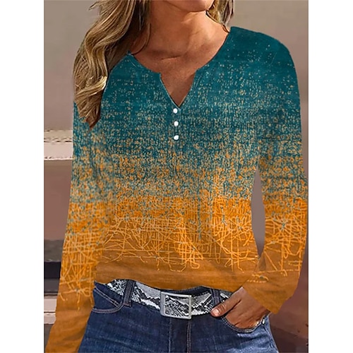 

Damen T Shirt Blau Farbverläufe Taste Bedruckt Langarm Täglich Wochenende Basic V Ausschnitt Standard Farbe S