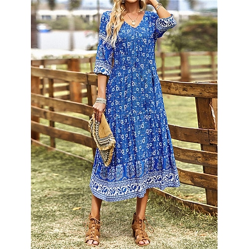 

Damen Lässiges Kleid Ethnisches Kleid A Linie Kleid Blumen Paisley-Muster mit Schnürung Taste V Ausschnitt Midikleid Vintage Ethnisch Outdoor Verabredung 3/4 Ärmel Lockere Passform Blau Grün Sommer