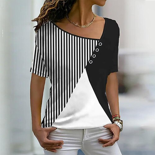 

Women's T shirt Tee Blouse Black Blue Brown Color Block Striped Button Print Short Sleeve Casual Basic V Neck Regular S