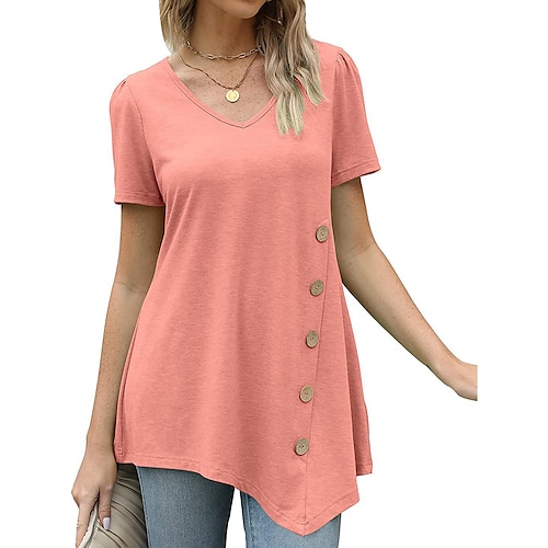 

Mulheres Camiseta Blusa Preto Branco Vinho Tecido Botão Assimétrico Manga Curta Casual Básico Decote V Longo Manga Princesa S