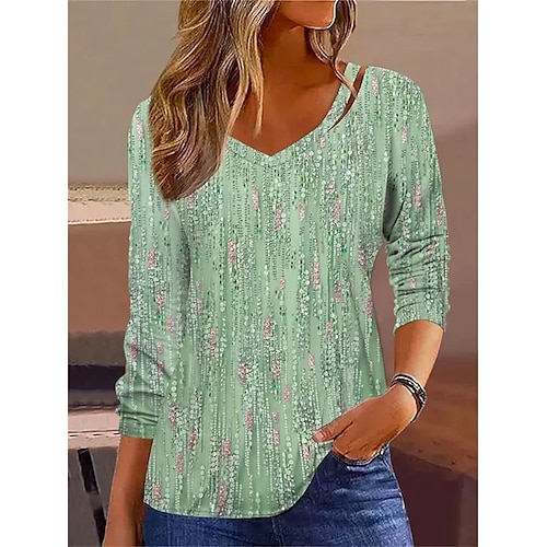 

Women's T shirt Tee Light Green Green Graphic Striped Print Long Sleeve Daily Weekend Basic V Neck Regular Painting S