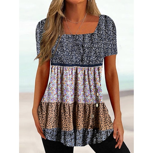 

Mulheres Camiseta Blusa Preto Branco Azul Floral Tintura Tie Dye Imprimir Manga Curta Casual Básico Decote Quadrado Padrão S