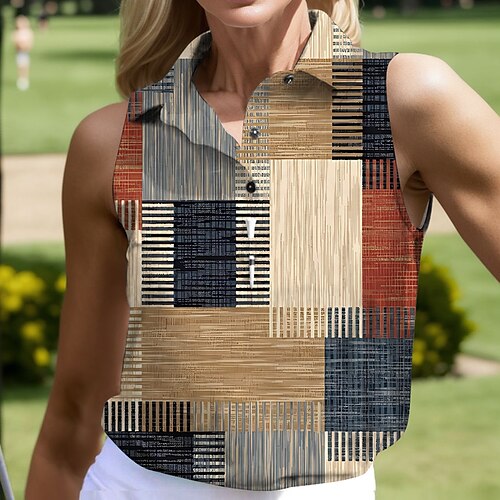 

Damen poloshirt Golfhemd Geknöpftes Poloshirt Atmungsaktiv Schnelltrocknend Feuchtigkeitsableitung Ärmellos Golfbekleidung Golfkleidung Regular Fit Geometrie Sommer Tennis Golfspiel Pickleball