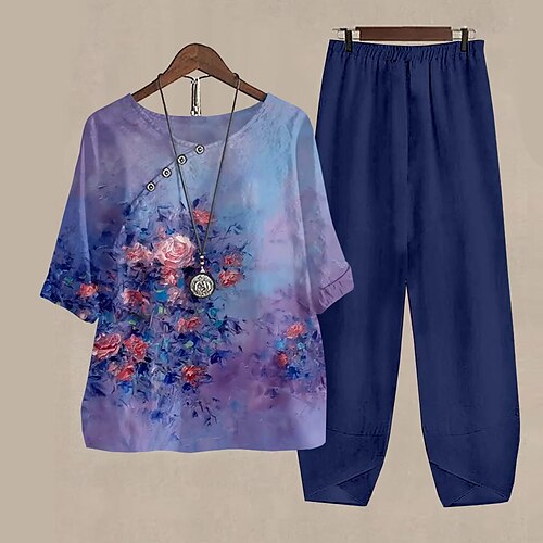 

Damen Hemd Hosen-Sets Hosen Hose Basic Blau Purpur Festtage Wochenende Blumen Bedruckt Rundhalsausschnitt S M L XL 2XL