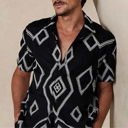 

Homme Chemise Chemise Lin Imprimés Photos Géométrie Col rabattu Noir Extérieur Plein Air Manches courtes Imprimer Vêtement Tenue Lin Mode Design Décontractées Flexible