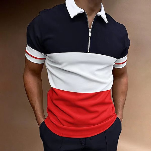 

Homens Polo com zíper Camiseta Polo Ao ar livre Esportes Lapela Quarter Zip Manga Curta Moda Moderno Bloco de cor Zíper Verão Normal Vermelho Polo com zíper