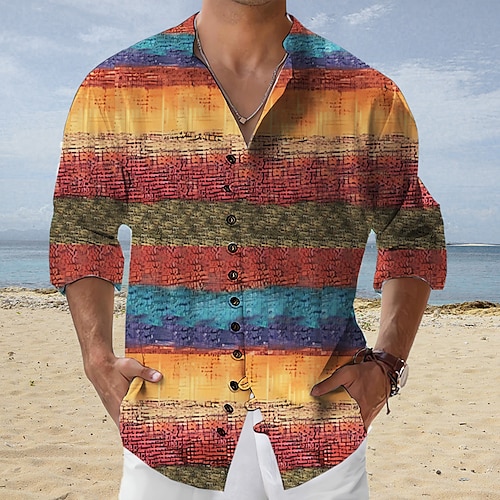 

Hombre Camisa camisa de lino A Rayas Estampados Geometría Escote Chino Azul Piscina Morado Naranja Verde Trébol Gris Exterior Calle Manga Larga Estampado Ropa Lino Moda Ropa de calle Design Casual