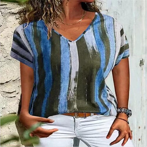 

T shirt Tee Femme Noir Jaune Rouge Rayé Imprimer Manche Courte du quotidien Fin de semaine basique Col V Normal Standard Peinture S