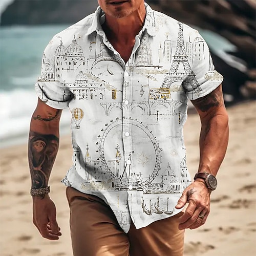 

Homens Camisa Social camisa de linho Torre Eiffel Estampas Abstratas Prédios Aberto para a Lateral Amarelo Azul Ao ar livre Rua Manga Curta Imprimir Roupa Linho Moda Designer Casual Macia