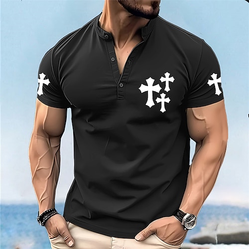 

Herren Henley Shirt Graphic Kreuz Vertrauen Henley Bekleidung 3D-Druck Outdoor Täglich Kurzarm Button-Down Bedruckt Modisch Designer Komfortabel