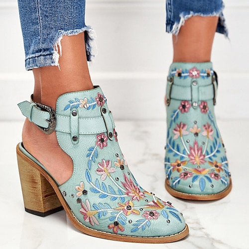 

Mulheres Sandálias Botas Sandálias de calcanhar Calcanhares Tamanhos Grandes Diário Botão Calcanhar cônico Salto Robusto Ponta Redonda Vintage Elegante Couro Ecológico Fivela Floral Perfurado Bordado