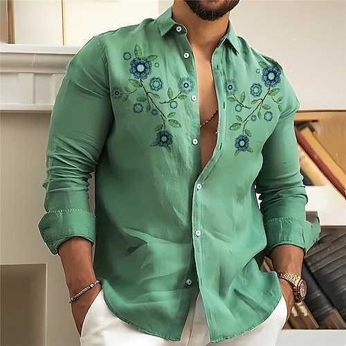 

Homme Chemise Chemise Lin Floral Imprimés Photos Mao Rose Claire Bleu Violet Vert Gris Extérieur Plein Air manche longue Imprimer Vêtement Tenue Lin Mode Vêtement de rue Design Décontractées