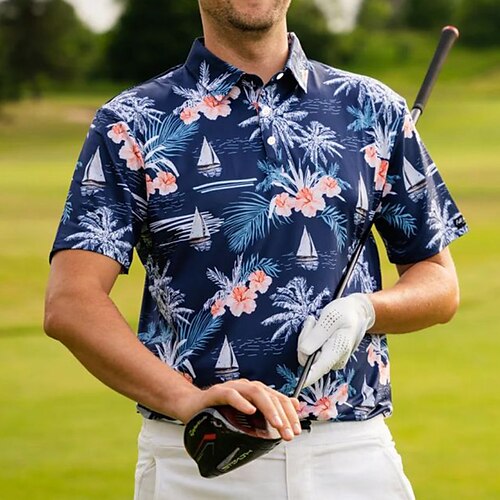 

Homens Camisa polo de caminhada Camisa de golfe Pólo de botões Respirável Secagem Rápida Pavio Humido Manga Curta Vestuário de golfe Roupas de golfe Normal Floral Flamingo Verão Tênis Golfe Pickleball