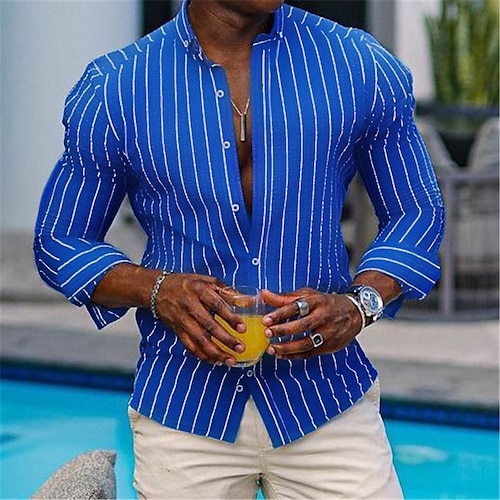 

Men's Shirt Button Up Shirt Casual Shirt Summer Shirt Beach Shirt Hot Pink Blue Green Long Sleeve Stripes Button Down Collar Daily Vacation Clothing Apparel Fashion Casual Comfortable