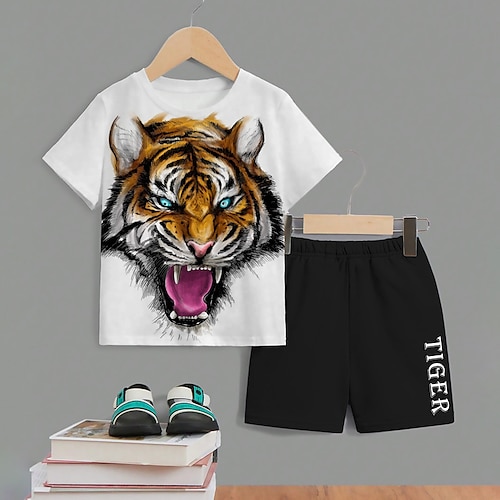 

2 Peças Infantil Para Meninos T-shirt Shorts Conjuntodet-shirts Conjunto Equipamento Gráfico Animal Tigre Manga Curta Crewneck Definir Ao ar livre Impressões 3D Ativo Esportes Moda Verão Primavera