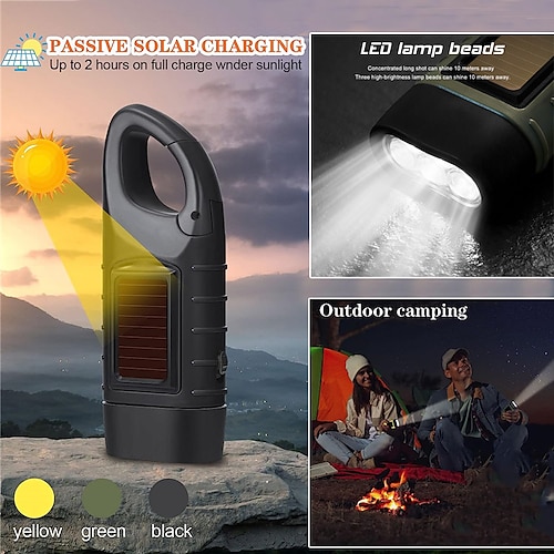 

manivelle solaire alimenté lampe de poche d'urgence rechargeable led lampe de poche survie lampe de poche rapide mousqueton dynamo lampe de poche torche pour les sports de plein air