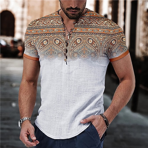 

Homens Camisa Social camisa de linho Floral Estampado Cashemere Estampas Abstratas Colarinho Chinês Verde Azulado Amarelo Azul Verde Cinzento Ao ar livre Rua Manga Curta Imprimir Roupa Linho Moda