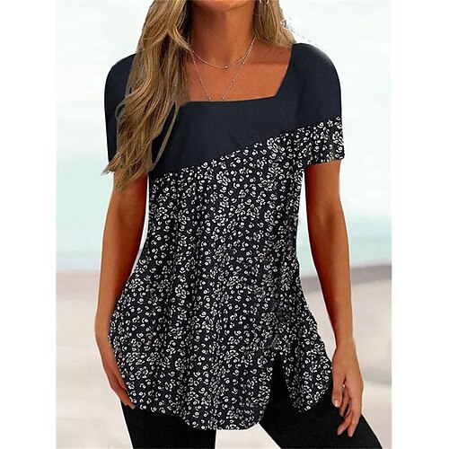 

Chemise Chemisier Femme Noir Floral Imprimer Manches 3/4 Casual Vacances basique Col Carré Normal Standard Fleur S