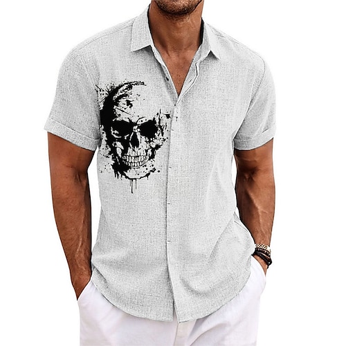 

Homme Chemise Chemise Lin Crânes Imprimés Photos Col rabattu Blanche Bleu Gris Extérieur Plein Air Manches courtes Imprimer Vêtement Tenue Lin Mode Design Décontractées Flexible