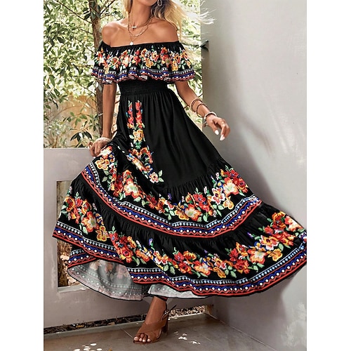 

Women's Long Dress Maxi Dress Casual Dress Ethnic Dress A Line Dress Floral Retro Vintage Daily Holiday Vacation Ruffle Print Short Sleeve Off Shoulder Dress Regular Fit Black Summer Spring S M L XL