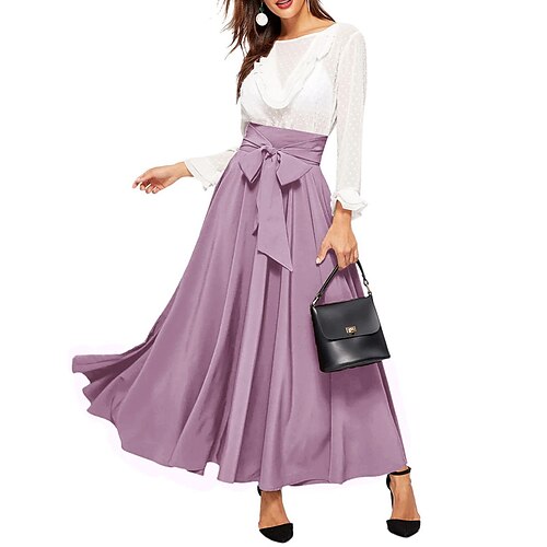 

Women's Skirt A Line Swing Maxi Polyester Violet Navy Black Dark Red Skirts Summer Pleated High Waist Fashion Casual Street Daily XS S M